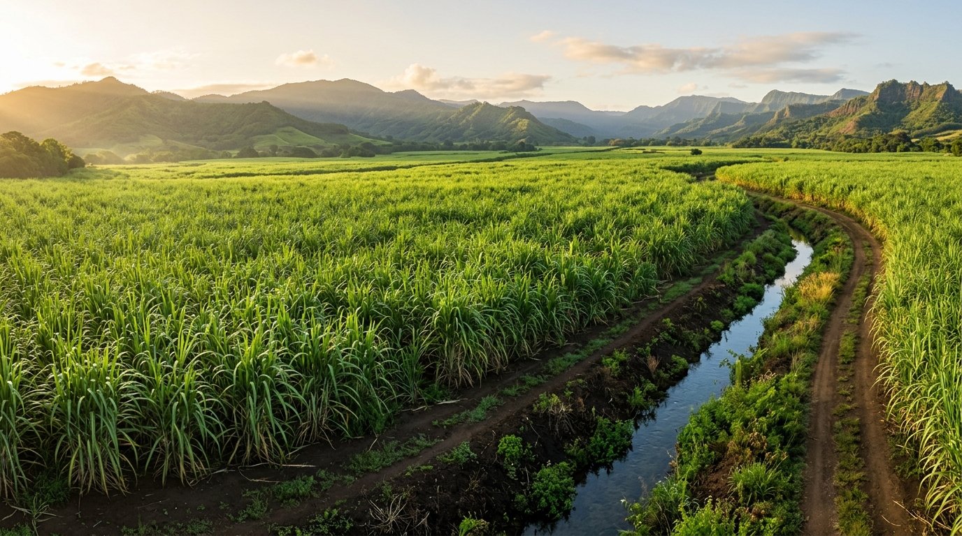 Lush green organic sugarcane plantation in fertile river soils at golden sunrise