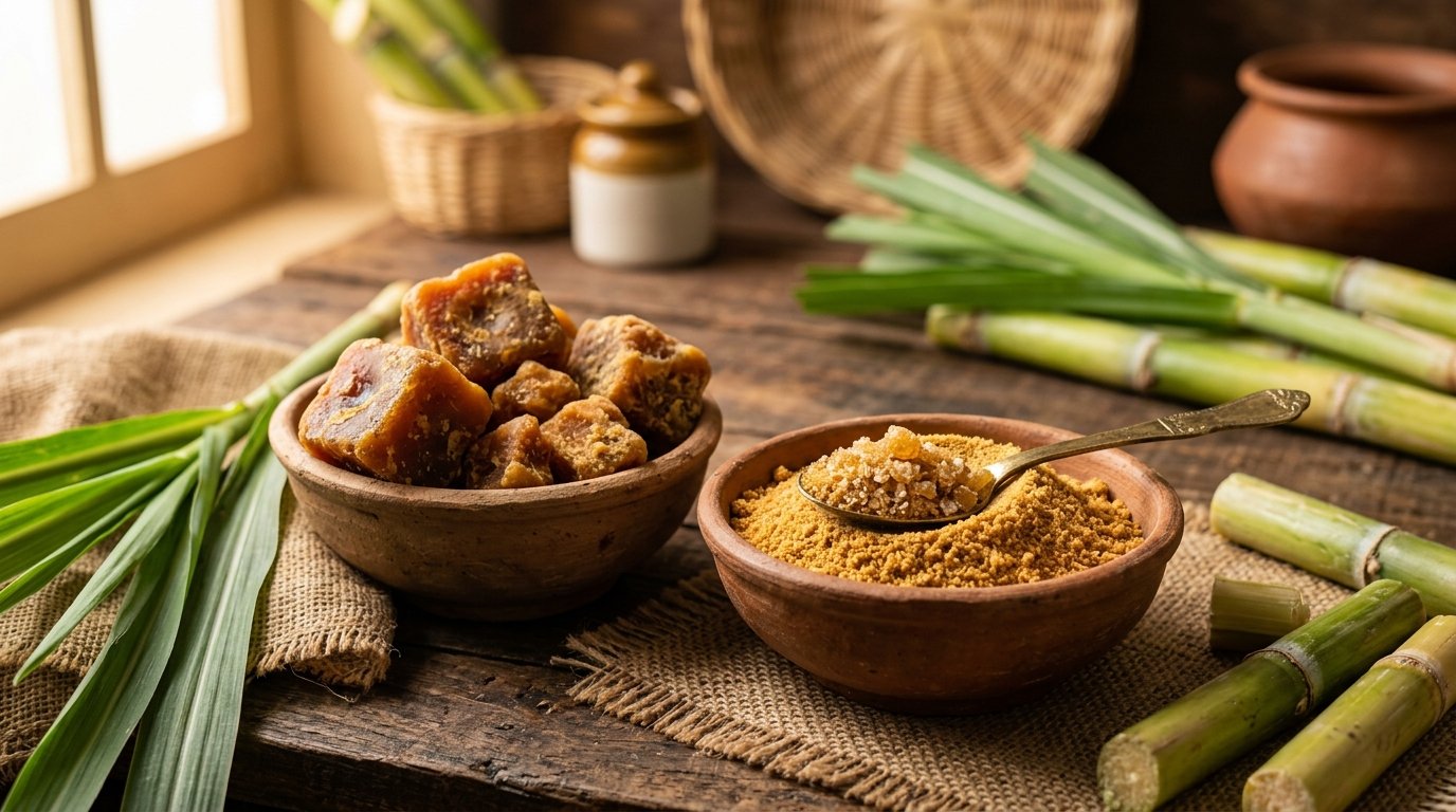 Swaad Naturals Premium Organic Jaggery blocks and powder crafted from prime single-origin sugarcane